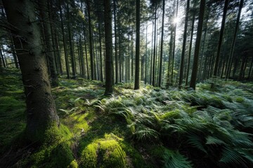 Obraz premium Sunlight filtering through a dense forest (2)