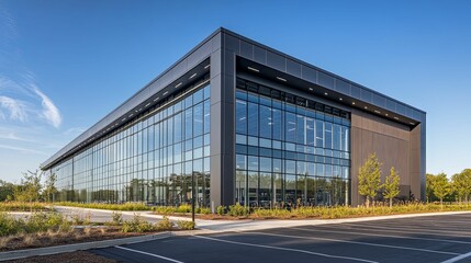 Obraz premium Modern, dark-toned office building with large windows.