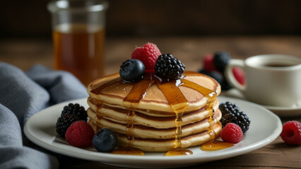 Stack of pancakes with fresh berries