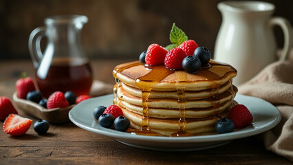 Pancakes with Berries and Syrup Drizzle