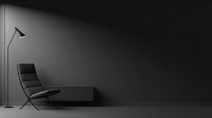 Modern minimalist interior design, featuring a dark grey lounge chair.