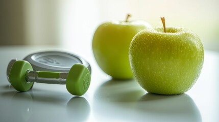 Healthy lifestyle, featuring green apples and dumbbells.
