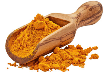 Turmeric in wood scoop isolated on PNG transparent background, cut out