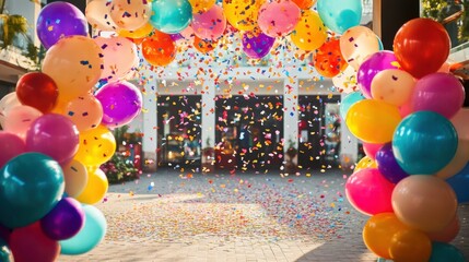 A vibrant entrance decorated with colorful balloons and confetti for a festive celebration event