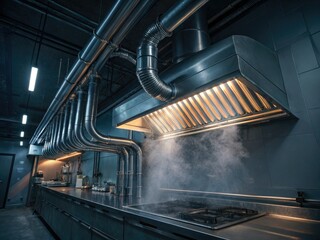 Restaurant kitchen exhaust system:  hood, supply, return air, and HVAC integration for superior air quality.