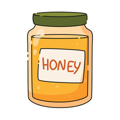 Jar with a lid and labeled light yellow honey, natural sweet product. Beekeeping