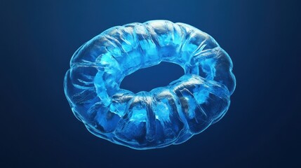 Translucent, swirling, blue torus floats against a dark background.