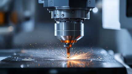 Precision industrial laser cutting, generating concentrated sparks and reflecting lights