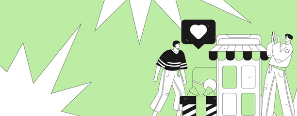 Holiday shopping people doing e-commerce online shopping flat vector concept operation hand drawn illustration
