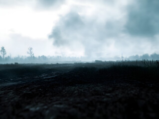 A quiet, empty battlefield with rolling fog, smoke, and distant shadows of soldiers.

