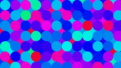 A vibrant pattern of overlapping circles in shades of blue, purple, pink, and green, creating a lively and colorful abstract design.