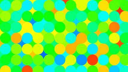A vibrant pattern of overlapping circles in various shades of green, blue, yellow, and orange, creating a lively abstract design.