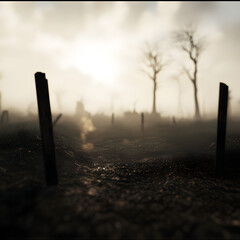 A quiet, empty battlefield with rolling fog, smoke, and distant shadows of soldiers.


