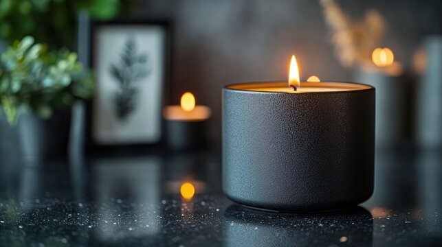 Stylish dark gray candle on a sleek surface.  Surrounded by other candles and plants