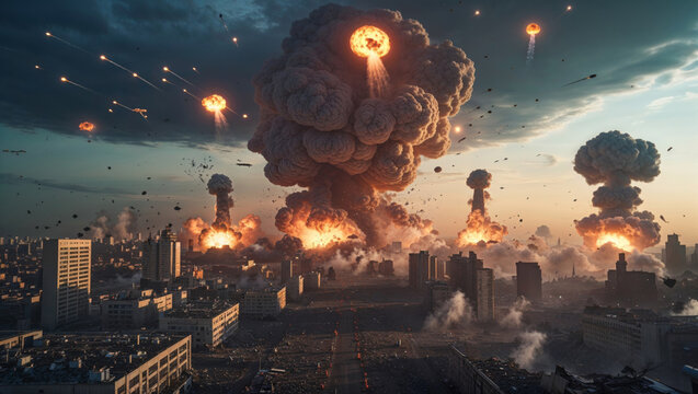 Dramatic scene of nuclear explosions ravaging a city, creating massive mushroom clouds in the sky.