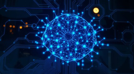 Artificial Intelligence Neural Network – Glowing Circuit Brain Design on Hex Grid