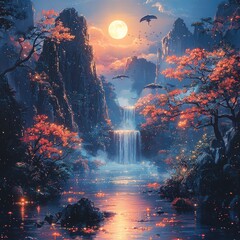 Fototapeta premium Tranquil Waterfall Scene with Autumn Foliage and Rising Mist Landscape