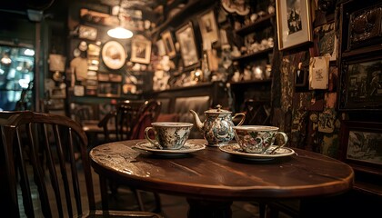 A hidden coffee shop where time travelers gather, sipping from antique cups as they discuss paradoxes and untold futures