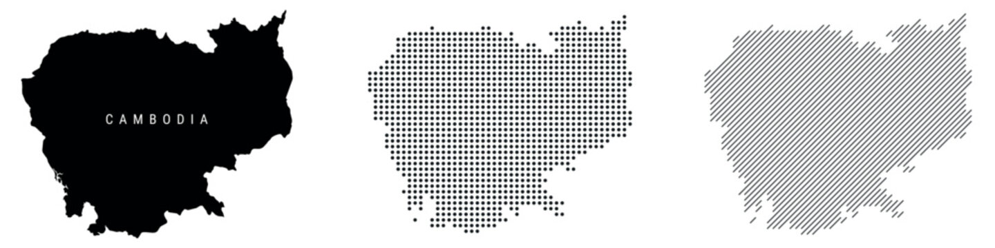 Cambodia silhouette map and two patterns of dots and slanted lines. Flat vector illustration isolated on white