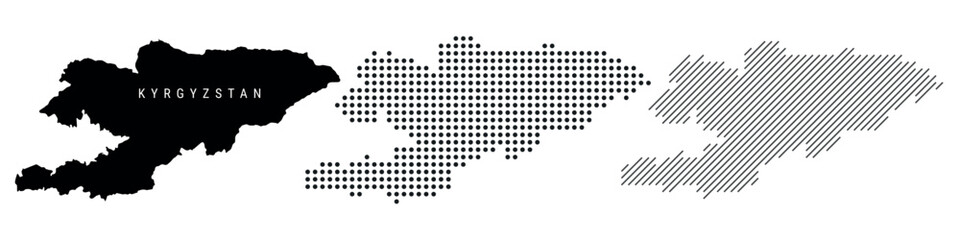 Kyrgyzstan silhouette map and two patterns of dots and slanted lines. Flat vector illustration isolated on white