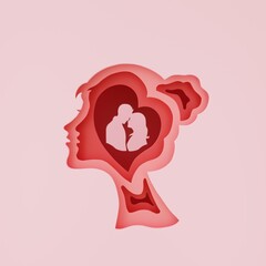 Illustration of a woman outline in 3D paper style. Romantic moment captured in memory. Happy Mother's Day. Day of family, love, fidelity. 3D rendering.