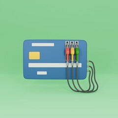 Blue bank card with a fuel gun. Fuel card concept, online gas station map. 3D rendering.