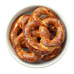 Pretzels in white bowl isolated on PNG transparent background, cut out