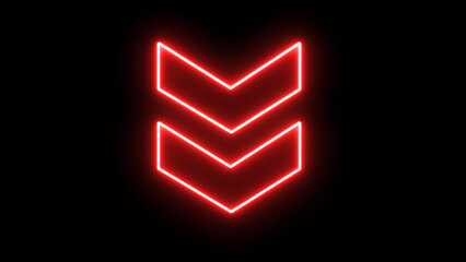 Glowing neon red down swipe arrow icon. Abstract neon flash lightning arrow downloading