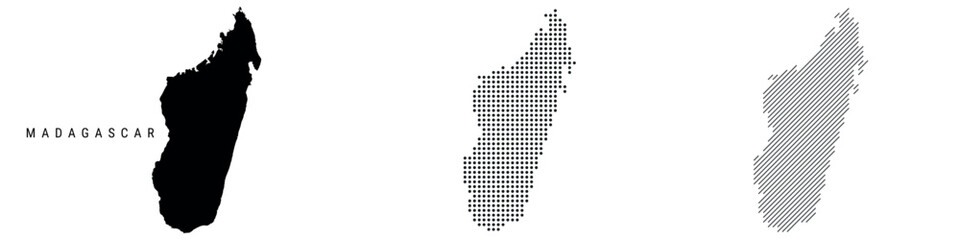 Madagascar silhouette map and two patterns of dots and slanted lines. Flat vector illustration isolated on white