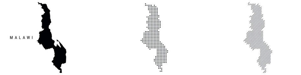 Malawi silhouette map and two patterns of dots and slanted lines. Flat vector illustration isolated on white