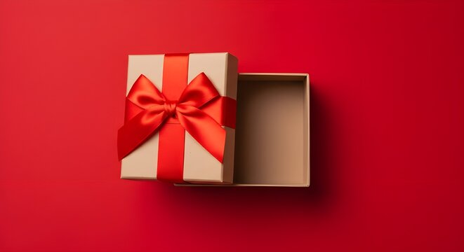 Caja de regalo blanca en blanco abierta o vista superior de caja de regalo blanca atada con un lazo de cinta roja aislada sobre fondo rojo oscuro con sombra, representaci&oacute;n conceptual m&iacute;nima en 3D
