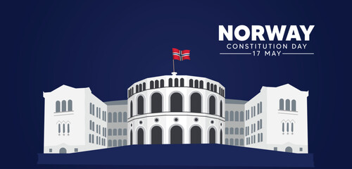 Norway Constitution Day 17 May parliament with waving flag vector poster