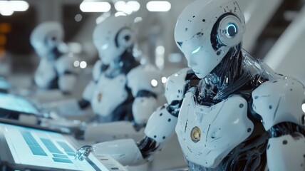 Fototapeta premium A futuristic scene featuring humanoid robots working at advanced control panels in a sleek, technological environment.