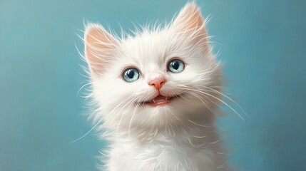 Playful white kitten with bright blue eyes.