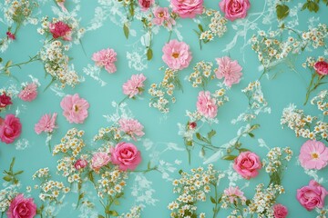 Fototapeta premium Pink roses and baby's breath flowers on a turquoise background, floral pattern with small white daisies, pastel colors, top view, romantic mood, floral wallpaper, spring or summer wedding invitation