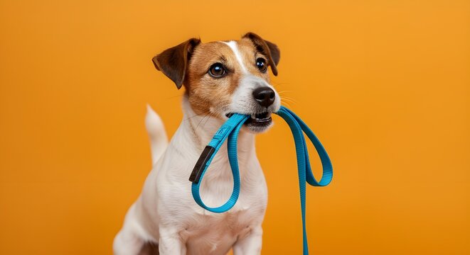 Concepto de cuidado de perros con un perro activo y feliz sosteniendo la correa en la boca, listo para salir a caminar