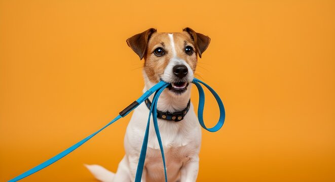 Concepto de cuidado de perros con un perro activo y feliz sosteniendo la correa en la boca, listo para salir a caminar