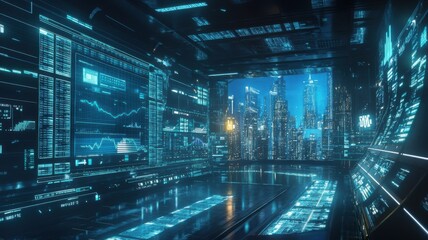 A futuristic control room displays digital screens with graphs and city views, emphasizing advanced technology and urban landscapes.