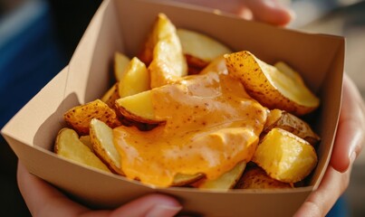 A commercial ad for potato wedges, with golden slices covered in a creamy cheddar chili cheese sauce