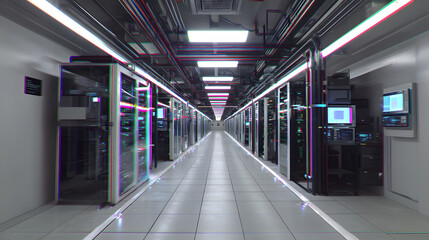 Obraz premium Supercomputer, Datacenter or server room in 3d glitch effect, retro 70s, 80s synthwave background