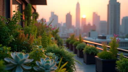Rooftop garden with succulents and city skyline view at sunset, creating serene urban landscape.
