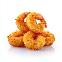 Pile of fried shrimp rings presented on white background