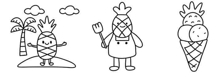 Fototapeta premium Cute pineapple characters are enjoying sunny day with palm trees and ice cream, radiating joy and fun