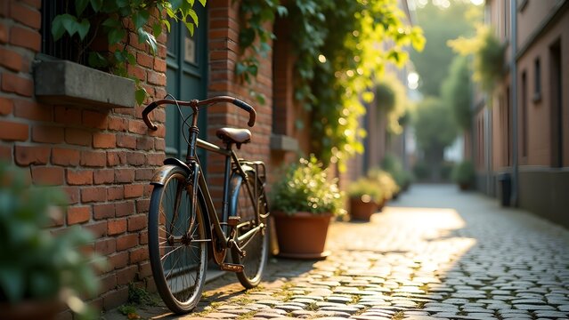 Charming European Street Scene with Vintage Bicycle Leaning Against Brick Wall