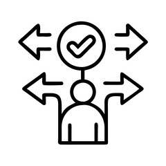 Decision making process icon with arrows pointing in different directions and check mark icon