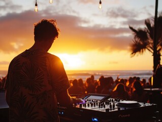 DJ plays music at sunset beach party with vibrant crowd