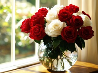 Obraz premium Bouquet of red and white roses in a sunny window