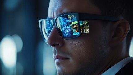 A man in sunglasses reflects a digital cityscape, suggesting a futuristic or technological theme.