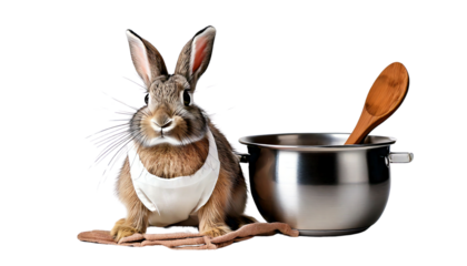 A rabbit wearing a clean kitchen apron tied around its body, sitting next to a metal mixing.