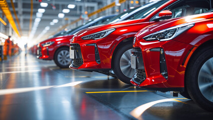 Fototapeta premium Vibrant red cars line up on a factory floor, showcasing new automotive design and industry.